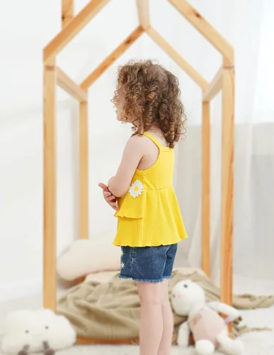 Vista 4 de Traje de verano de 2 piezas para niñas pequeñas, conjunto corto de girasol sin mangas