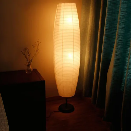 Vista 2 de Lámpara de pie de papel de arroz con interruptores de pie, linterna de piso de papel blanco, iluminación ambiental Art Deco, lámpara de pie alta