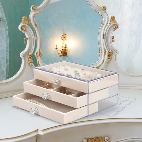 Vista 5 de Organizador de joyas de acrílico, caja organizadora de almacenamiento de cosméticos de maquillaje, caja de joyería transparente con 3 cajones, caja