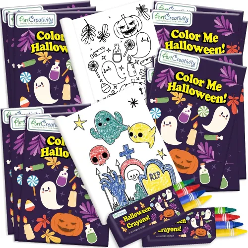 Vista 9 de ArtCreativity Paquete de 24 mini juegos de libros para colorear de Halloween para niños, incluye 24 libros pequeños para colorear y 96 crayones