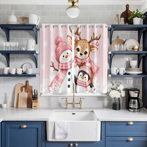 Vista 38 de Libaoge Cortinas de Navidad para cocina, dormitorio, juego de 2 paneles, diseño de muñeco de nieve de Navidad, cortinas de invierno con copos