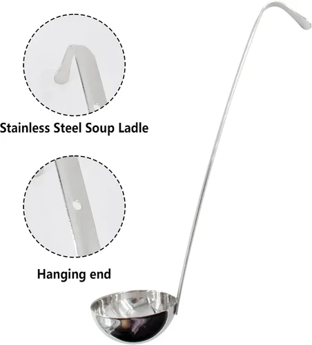 Vista 3 de 2 cucharones de sopa de acero inoxidable de 10 pulgadas con mango largo para cocina, cocina, sopa, salsa (1 onza)