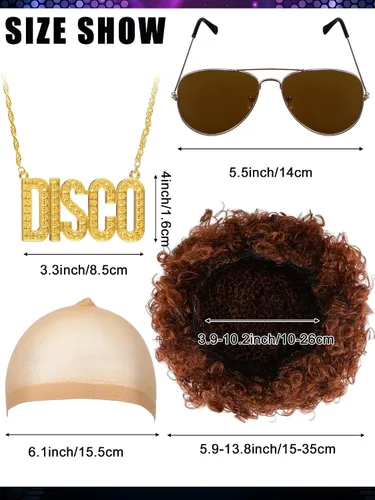 Vista 5 de Mepase 6 piezas de lentejuelas metálicas de los años 70 para hombre, disfraz de discoteca, accesorios, camisa brillante, pantalón, peluca afro
