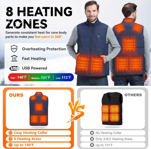 Vista 4 de Chaleco térmico para hombre, 8 zonas de calefacción, diseño de luces, chaqueta térmica ligera para hombre (paquete de baterías no incluidas)