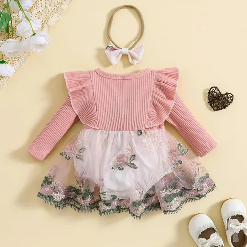 Vista 3 de Mameluco de manga larga con volantes para bebé niña, mameluco bordado de malla, vestido tutú para otoño