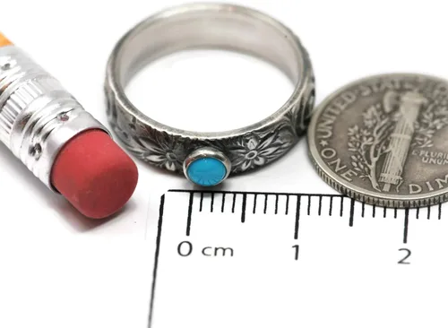 Vista 5 de Arizona Mined Turquoise Anillo Flor Patrón Vintage Plata