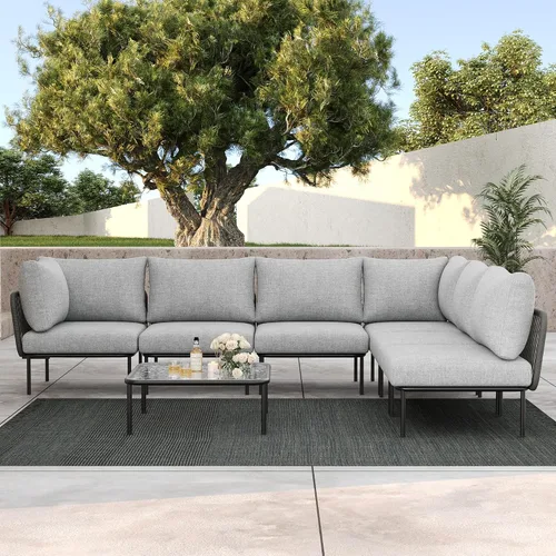 Vista 2 de LayinSun Juego de muebles de patio de aluminio de 7 piezas, sofá modular moderno con mesa auxiliar y cojín de grosor mejorado Gris claro