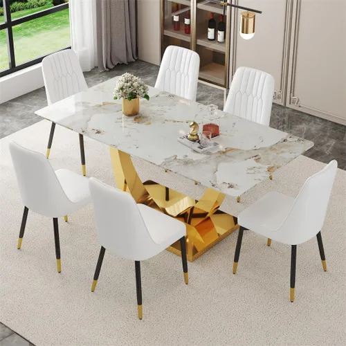 Vista 51 de Juego de mesa de comedor para 4, mesa de comedor de mármol sintético de 63 pulgadas con patas y base de acero inoxidable, sillas acolchadas