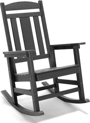 Vista 24 de LUE BONA Mecedora para exteriores, sillas mecedoras de plástico de polietileno resistentes a la intemperie, 350 lb de servicio pesado, de gran Negro