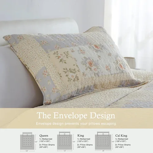 Vista 5 de Colcha extragrande de 100 % algodón, 120 x 120, estampado floral beige