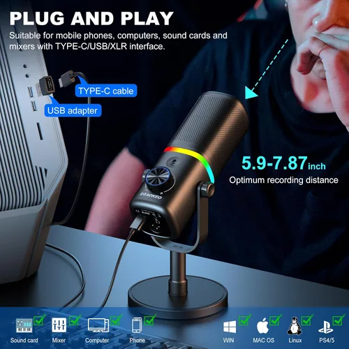 Vista 5 de Aokeo Micrófono para PC, AK-10 USB/XLR Micrófono de escritorio dinámico para juegos, podcast, transmisión con luz RGB, control de volumen, botón