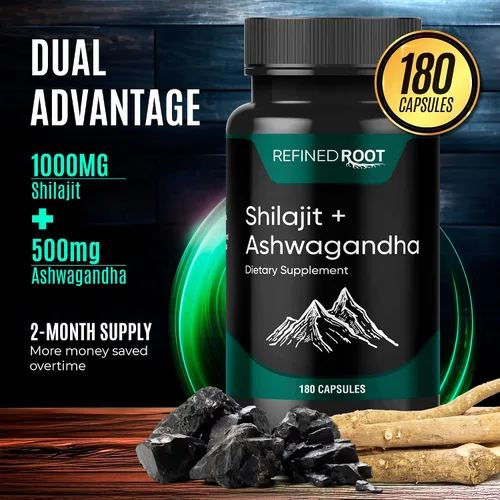 Vista 4 de Shilajit 1000 mg y Ashwagandha 500 mg (180 cápsulas) - Suplemento orgánico puro del Himalaya Shilajit (suplemento de ácido fúlvico del 20%)