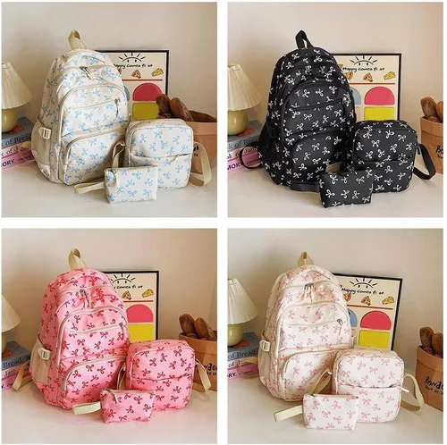 Vista 6 de Juego de 3 bolsas de mochila con lazo, lindo juego de mochila kawaii estética mochila con lazo con organizador integrado, Rosado, Tamaño único
