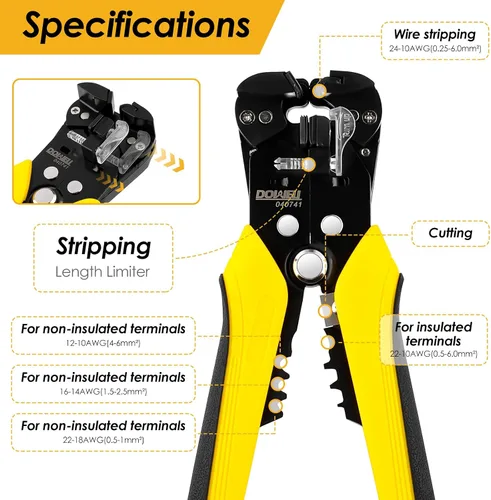 Vista 2 de DOWELL Pelacables automático 10-24 AWG, herramienta multifuncional 3 en 1 para pelar, cortar y engarzar, herramienta eléctrica duradera de alta