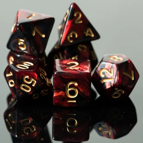 Vista 7 de Juego de dados de 7 dados poliédricos DND rojo mezclado con negro, dados D&D con bolsa de cuero para juegos de rol Mezcla roja negra
