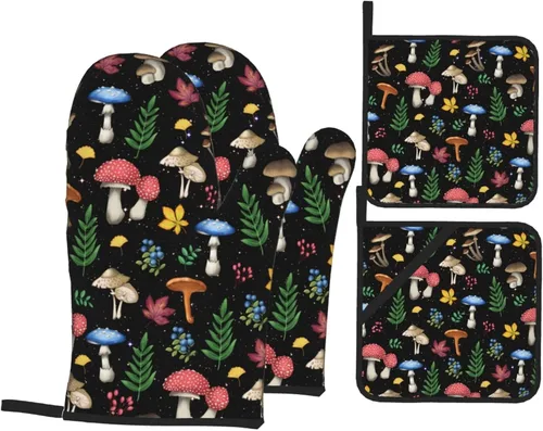 Vista 18 de Juego de 4 guantes de horno y soportes para ollas florales de los años 70, resistentes al calor, para cocina, hornear, asar a la parrilla, barbacoa