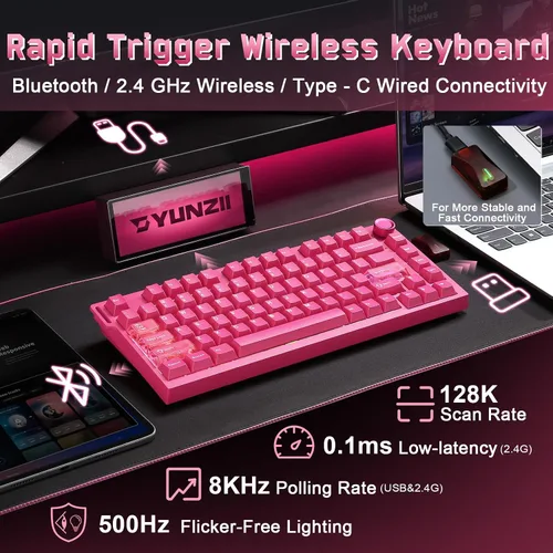 Vista 3 de YUNZII RT75 PRO Wireless Gaming Keyboard,Hall Effect Mechanical Rapid Trigger Magnetic Keyboard BluetoothUSB-C2.4G 8KHz Polling Rate &128K Scan,RGB
