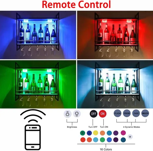 Vista 3 de Gdrasuya10 Estante de vino con luz LED montado en la pared, estante de exhibición de botellas de vino, estante colgante de almacenamiento de metal