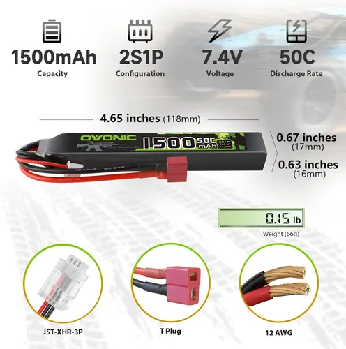 Vista 2 de OVONIC Lipo Batería 7.4v 1500mAh 2S 50C Lipo Batería con T Plug (2 unidades)