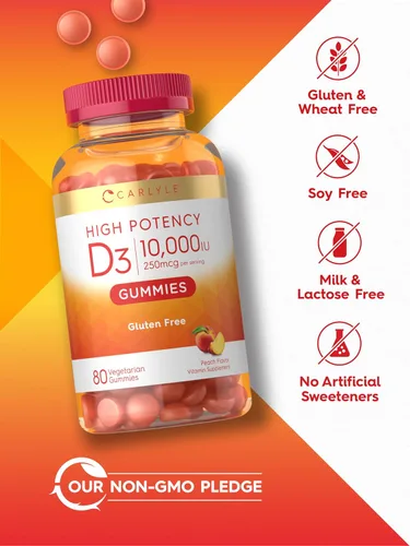 Vista 5 de Carlyle Gomitas de vitamina D3 10000iu para adultos 80 unidades Gomitas con sabor a melocotón Alta potencia para mujeres y hombres