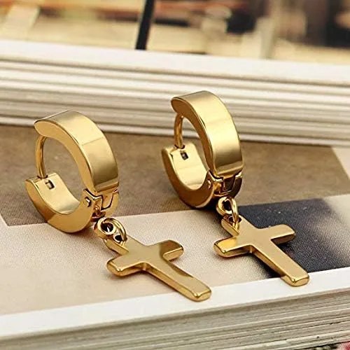 Vista 6 de YZstyle Stainless Steel Cross Dangle Huggie Hinged Hoop Earrings for Men Women BlackSilverGold