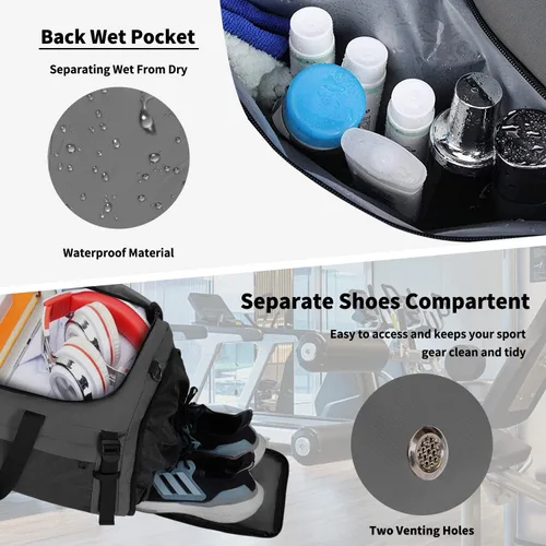 Vista 4 de Eackrola Bolsa de deporte grande para gimnasio, bolsa de viaje con bolsillo húmedo y compartimento para zapatos para hombres y mujeres, 65L, ligera