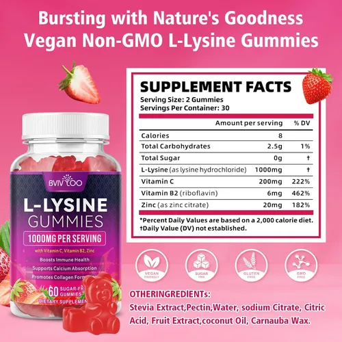 Vista 2 de L-Lisina - Gomitas de 1000 mg para apoyo inmunológico y salud de la piel, gomitas veganas de alta potencia, sin azúcar, sabor a bayas naturales