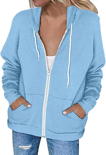 Vista 2 de Chaqueta con capucha para mujer, con cremallera completa, casual, para otoño, color liso, ligera, con cordón, manga larga, ajuste holgado