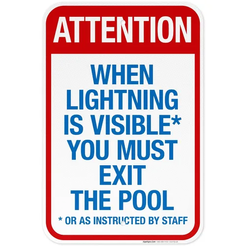 Vista 5 de Letrero con texto en inglés "Attention When Lightning is Visible You Must Exit The Pool - Letrero de piscina, 10 x 14 pulgadas, libre de óxido
