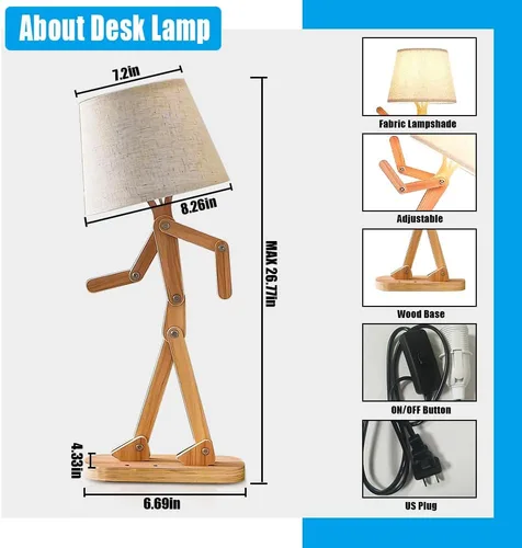 Vista 4 de Bonita lámpara de escritorio, creativa, con brazo oscilante, de madera, para hombre, pantalla redonda, luz de noche, divertida lámpara de niños