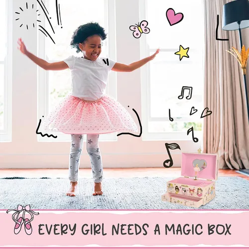 Vista 5 de Joyero musical de bailarina para niñas, joyero que brilla en la oscuridad, joyero organizador con collar de corazón y juego de pulsera, bonita caja