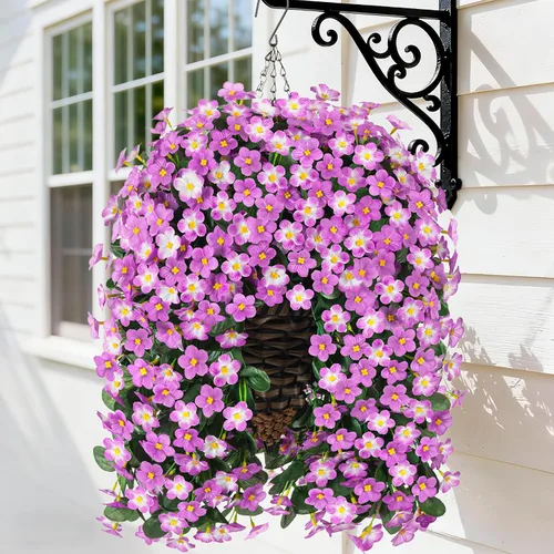 Vista 22 de Flores colgantes artificiales falsas con cesta para decoración al aire libre, resistentes a los rayos UV, flores de margaritas de seda sintética