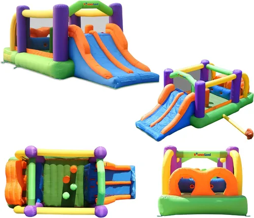 Vista 2 de Bounceland Pro Racer - Casa de rebote de obstáculos con toboganes dobles, rebote, subida, tobogán todo en uno, soplador UL 1 HP incluido, 19 pies x