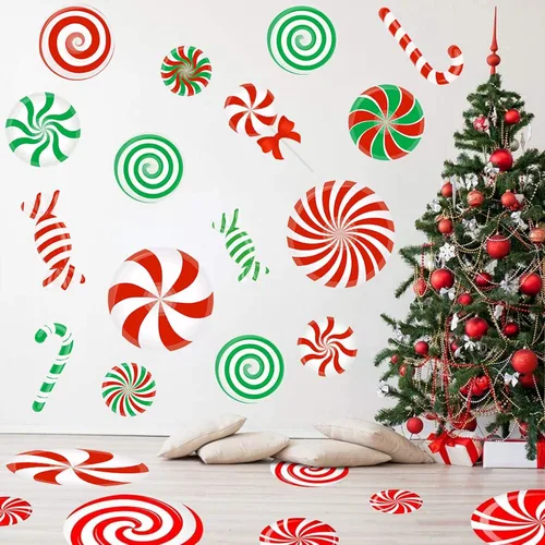 Vista 7 de 77 PCS Calcomanías de Pared de Dulces de Navidad Decoraciones Calcomanías de Pared de Navidad Calcomanías de Piso de Caramelo de Menta para Rojo