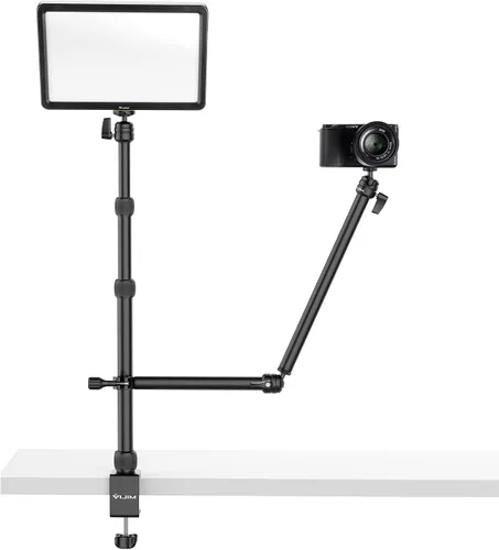 Vista 7 de jusmo Soporte de mesa de escritorio para cámara con 2 brazos de sujeción auxiliares y cabeza de bola, soporte de luz ajustable de 16.1 a 33.8