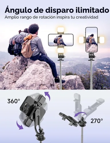 Vista 6 de Trípode para selfie stick de 53 pulgadas con luz, palo selfie extensible con control remoto, soporte de trípode portátil para teléfono celular
