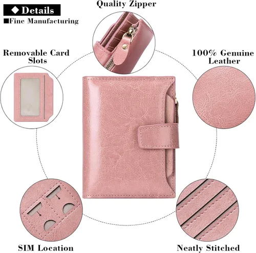 Vista 5 de FALAN MULE - Cartera de cuero auténtico para mujer pequeña plegable compacta con interferencia de radiofrecuencia RFID