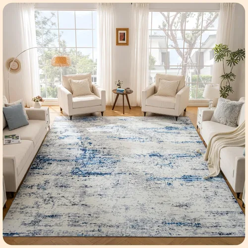 Vista 382 de Istana Alfombra larga antideslizante de 2.5 x 8 para el hogar, para pasillo y cocina, lavable, sedosa y suave al tacto, elegante, color azul y marfil