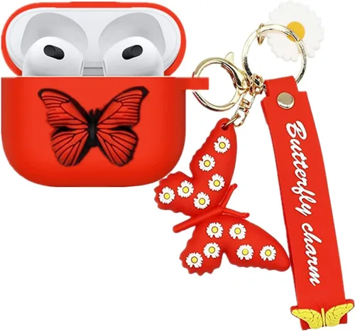 Vista 9 de Funda compatible con Airpods de 3ª generación 2021, bonita funda de silicona líquida de dibujos animados de mariposa 3D para niños y adolescentes
