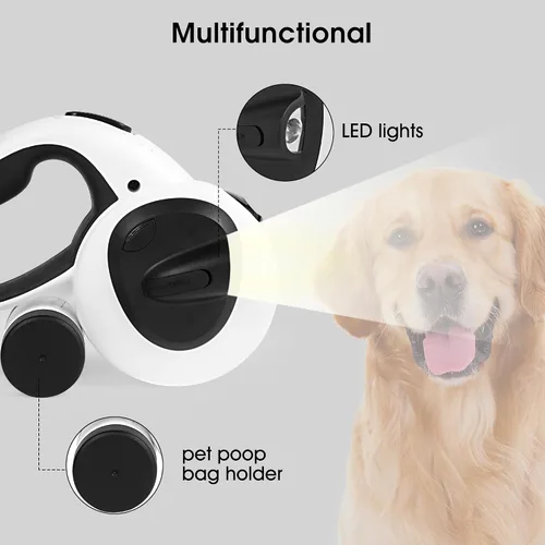 Vista 3 de Correa retráctil 4 en 1 para perro, correas de 16.4 pies de largo con luz LED y soporte para bolsa de excrementos para perros pequeños, medianos