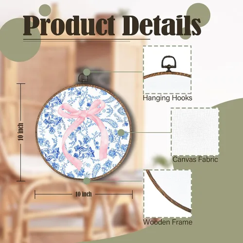 Vista 7 de Yorhifa Grandmillennial - Arte de pared enmarcado con lazo rosa coqueta, arte de pared redondo de chinoiserie azul y blanco, decoración de paredes