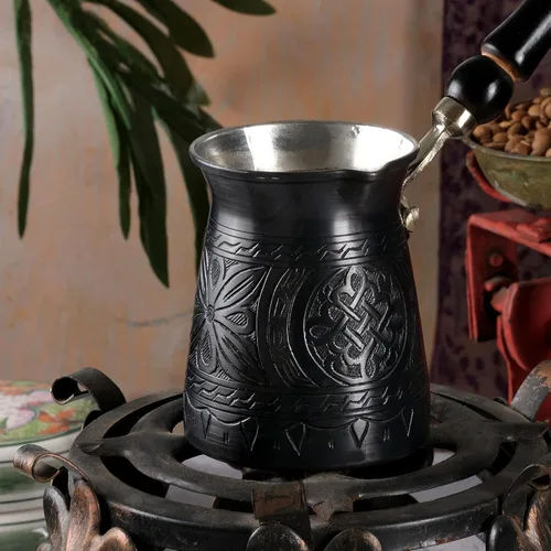 Vista 5 de BCS Cafetera turca griega árabe de cobre de 12 onzas con mango de madera (4 porciones) Cezve Ibrik Briki Cafetera con cuchara de madera