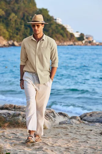 Vista 3 de COOFANDY Camisas de lino para hombre, camisa de playa de manga larga con botones y bolsillo