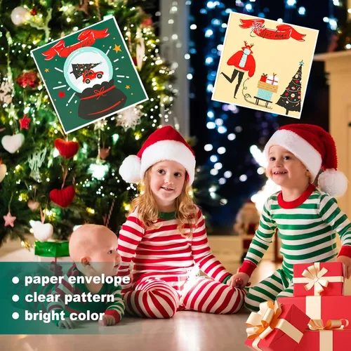 Vista 3 de PEUTIER 24 mini tarjetas de felicitación de Navidad, 3 x 3 pulgadas, bonitas tarjetas de felicitación navideñas, paquete surtido para familiares