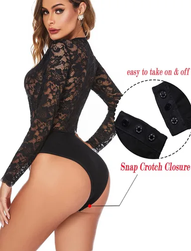 Vista 2 de Avidlove Body sexy de encaje de manga corta para mujer, con escote en V profundo a presión en la entrepierna, tallas S-XXL