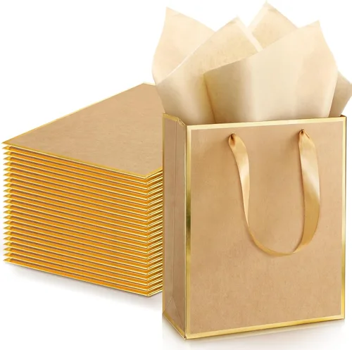 Vista 14 de Yeaqee Paquete de 24 bolsas de regalo de papel metálico con asa y tejido de 9 x 7 x 3.1 pulgadas, papel de aluminio dorado, bolsas de agradecimiento