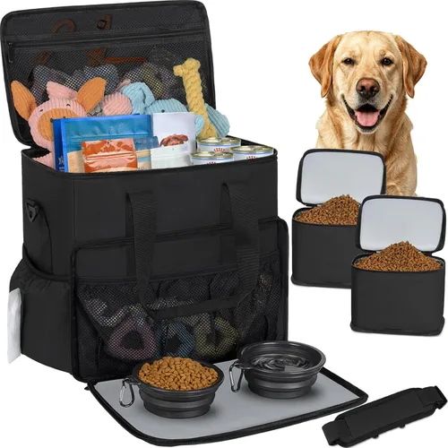 Vista 10 de TORIBIO Bolsa de viaje grande para perros para suministros con cuenco de Gris