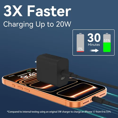 Vista 2 de Cargador para teléfono 15/16/17 Pro Max de carga rápida, bloque de carga USB C de doble puerto de 20 W con cable de carga USB C a C de 6.6 pies