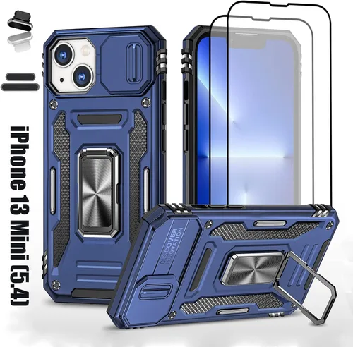 Vista 10 de Funda resistente para Apple iPhone 13 Mini, protección híbrida de goma de doble capa de grado militar con protector de cámara deslizante, soporte