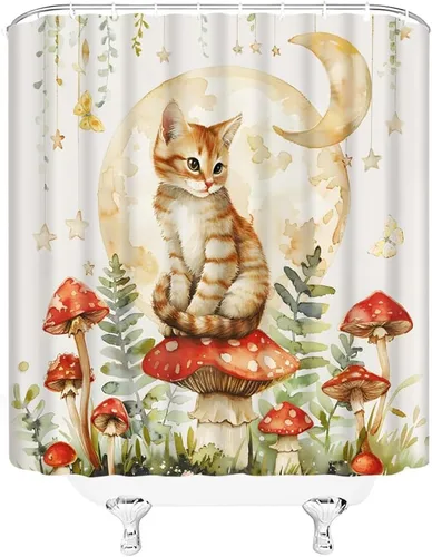 Vista 3 de Cortina de ducha bohemia con diseño de hongos, diseño de gato, mariposa, luna, estrellas, retro, flores silvestres, 70S y 60S, diseño botánico